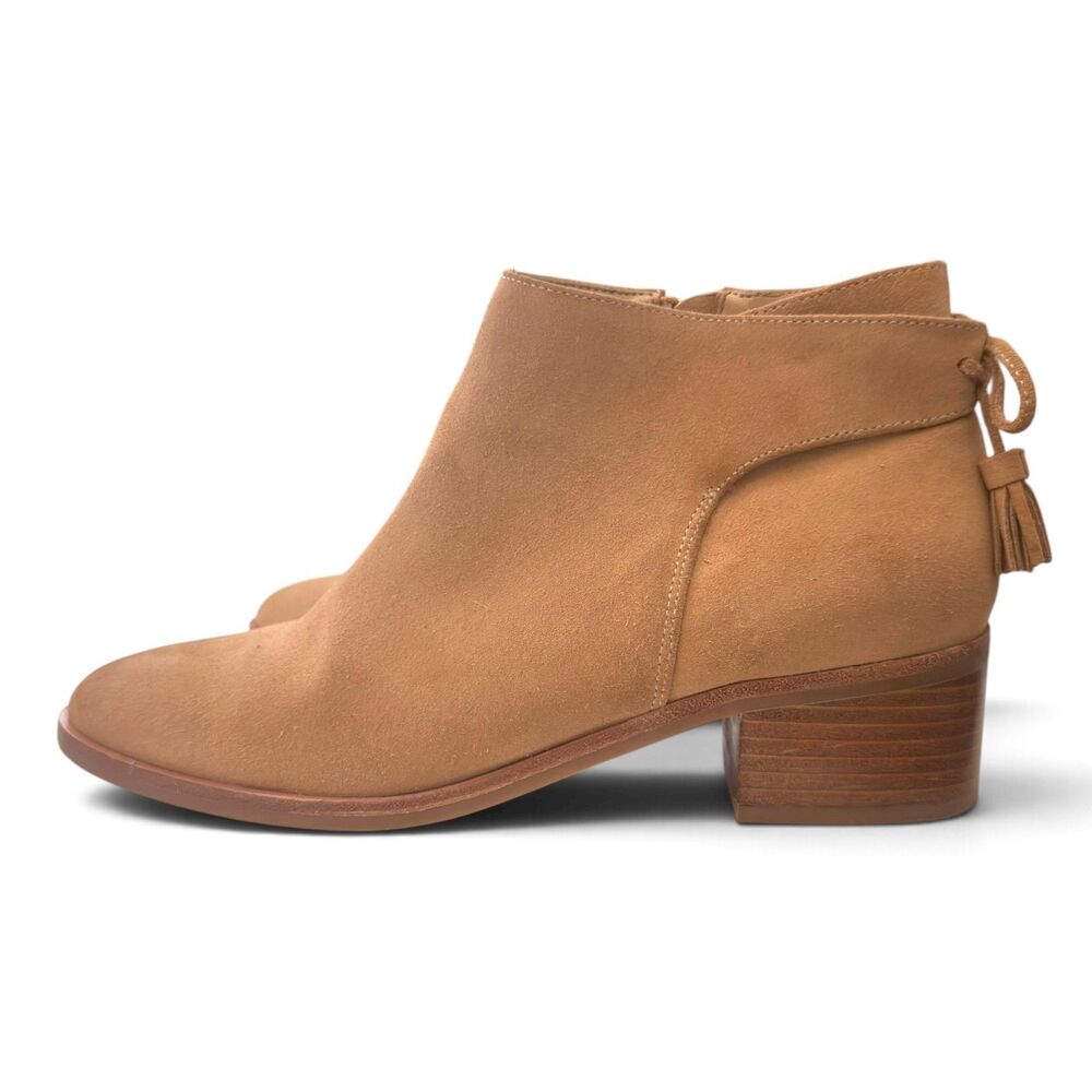 talbots via tassel tie suede ankle boots 9.5m tan almond toe block heel booties